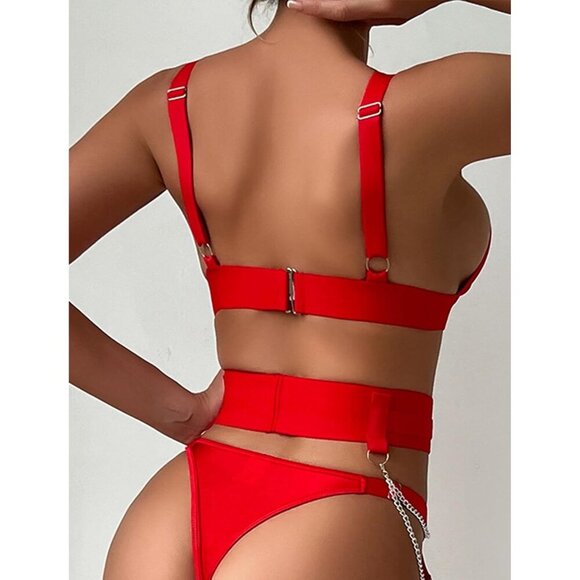 Women 1-red Naughty 5 Piecs Lace Garter Belt Bodydoll Lingerie Set With Chain - Picture 3 of 9
